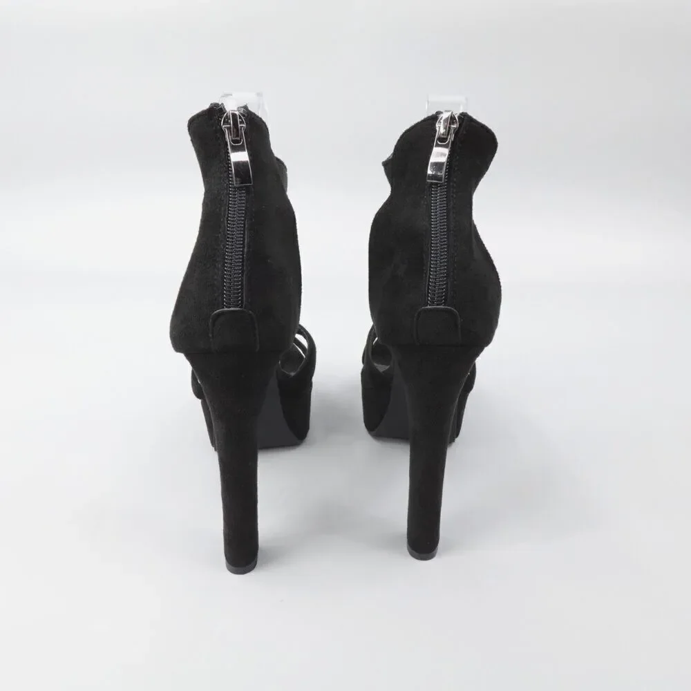 Black Chunky Platform Heels Size 7 Faux Suede Ankle Strap Pumps NIB